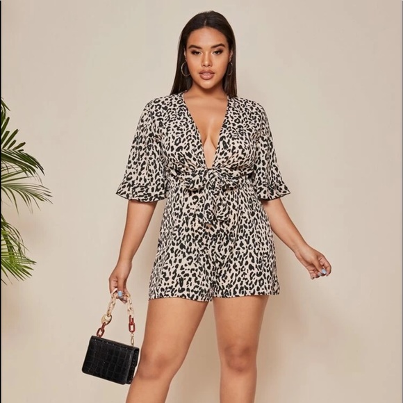 Plus Leopard Print Plunging Self-Tie Romper